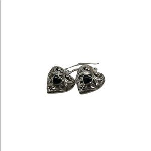 Heart Earrings Sterling Silver with black onyx heart in middle. Vintage